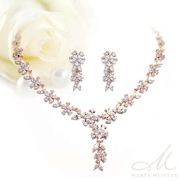 Luxus menyasszonyi rozé szett virág alakú cirkónia kristályokkal díszítve MES-FL-B055RG