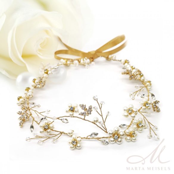 Rozé arany szalagos menyasszonyi fejdísz virágokkal és gyöngyökkel díszítetve MET-CQ-B369G